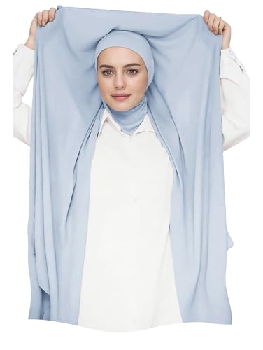 Lina & Lily Flowy Chiffon Instant Hijab Scarf Attached Jersey Ninja Undercap Full Coverage for Muslim Women - color: Baby Blue