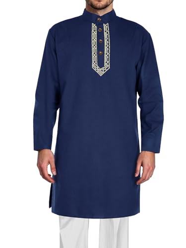 남성용 Kurta Kaftan 로브 - 라마단, 기도 및 일상용 긴소매 면 리넨 무슬림 헨리 셔츠 - color: 네이비, size: X-Large