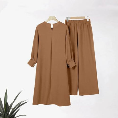 2 Piece Muslim Outfits For Women Long Sleeve Button Down Shirt And Baggy Pants Casual Dress Outfits Prayer Clothes - color: Khaki, size: Small