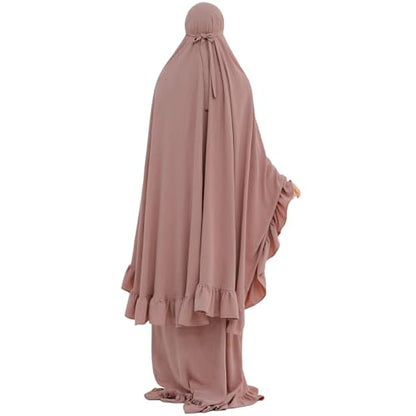 2PCS Women Muslim Prayer Abaya Dress Ruffle Trim Side Pockets with Khimar - color: Pink, size: Large