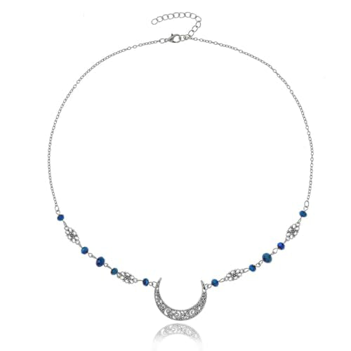 Yalice Boho Crescent Moon Head Chain Vintage Black Crystal Forehead Headpieces Rhinestone Witchy Halloween Hair Jewelry for Women - color: Silver-Blue2
