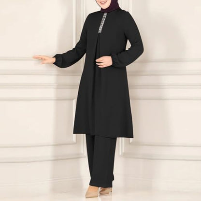 Abayas Dress For Women Muslim Long Sleeve Loose Top Pants 2 Pcs Dubai Islamic Muslim Women Matching Sets - color: Black B, size: X-Large