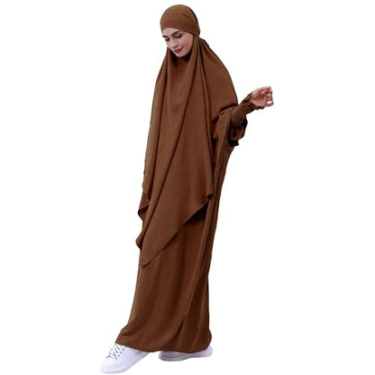 khalat Womens Muslim Prayer Dress Front Zipper Kaftan Islamic Robe Modest Solid Abayas for Women Muslim - color: Coffee+hijab