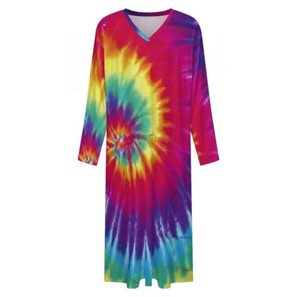 Pastel Rainbow Tie Dye Mens V Neck Long Sleeve Robe Loose Kaftan Long Gown Thobe