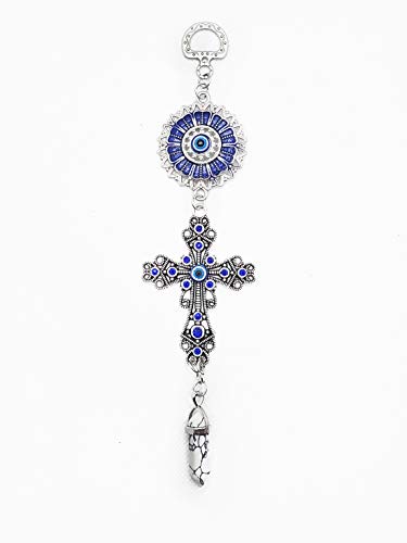 LUCKBOOSTIUM Blue Crystal Inlayed Cross & Blue Mandala Evil Eye Amulet w/Hanging Healing Stone - Nature, Energy, Rebirth, Growth Charms - Car & Home Charm Ornament (2"x8", White Turquoise) - color: White Turquoise