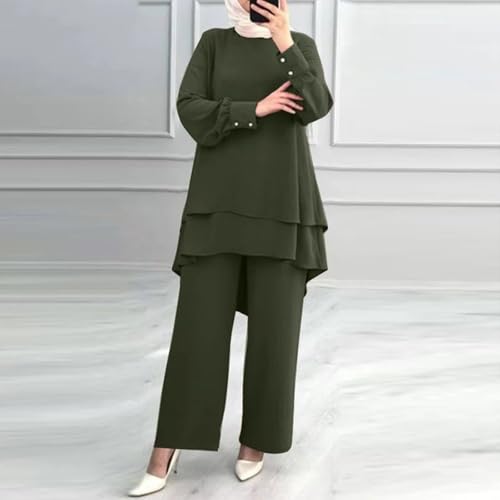 Muslim Casual 2 Piece Set For Women Long Sleeve Loose Top Wide Leg Pants Suit Plus Size Outfit Prayer Clothes - color: 1-green, size: 3X-Large