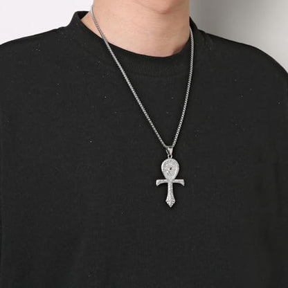 HZMAN CZ Eye of Horus Egypt Protection Pendant Coptic Ankh Cross Religious Stainless Steel Necklace - color: Silver