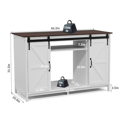 VOWNER Farmhouse 55-75 Gallon Fish Tank Stand with Power Outlet, Grey | Aquarium Stand with Storage Cabinet and Sliding Barn Door, Heavy Duty Reptile Tank Stand, for 2 Tanks, 1000LBS Capacity - color: White + Walnut