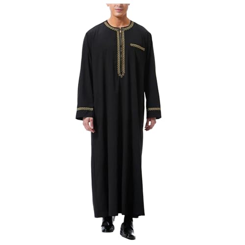 Jubba for Men Embroidered Stand Collar Long Sleeve Muslim Thobe with Pockets Loose Breathable Lightweight Tunic Gown - color: 02#_black, size: Small