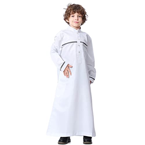 IDOPIP Kids Boys Muslim Thobe Islamic Arabic Kaftan Robe Loose Middle East Prayer Thobes Dress Modest Clothes with Pockets - color: White, size: 5-6 Years