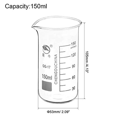 PATIKIL 150ml Tall Form Glass Beaker, 2 Pack 3.3 Borosilicate Glass Graduated Printed Scale Measuring Cups with Spout for Kitchen Lab Liquids Transit Boiling - size: 150ml