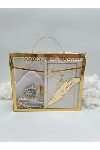 SODEF Bohça Set 7 Piece 12x17 Quran Gift Set with Box for Men - Umrah Hajj Gift - Cream Color - Cream