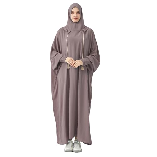 Abaya Muslim Dress Women Prayer Dress Long Sleeve Hooded Loose Maxi Dress Arabian Dubai Islamic Clothes - color: Gray Lilac