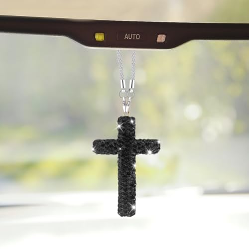 ZIMISI Bling Cross Car Hanging Ornament, Crystal Rhinestone Car Rearview Mirror Pendant for Women, Diamond Rear View Mirror Charm Present, Universal Vehicle Interior Decoration Accessory (Black) - color: Black
