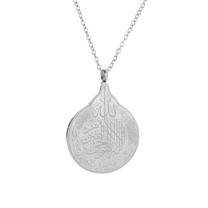 Stainless Steel Necklace Classic Retro Drop-Shaped Islamic Scripture Medal Jewelry for Men and Woment - color: silvery