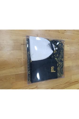 Islamic Prayer Set: Velvet Seccade Prayer Rug, 99 Tesbih Beads, Yasin Sharif Book, and Kufi Cap | Spiritual Gift Set for Hajj, Umrah, Mevlid, Ramadan | Black Color | 27.6 x 43.3 in - Black, 28x43 inch
