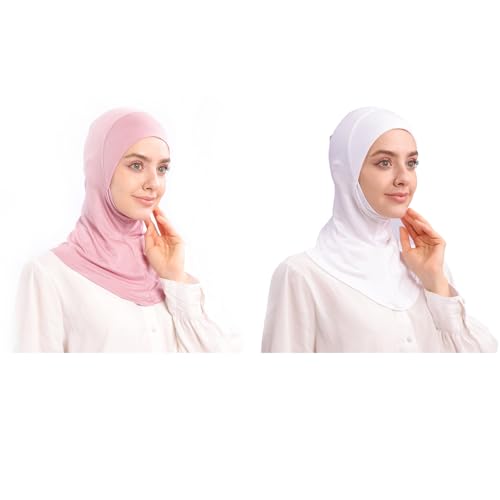 Modal Jersey Muslim Amira Instant Hijab Scarf for Women Jersey Hijab Undercaps - color: White+pink