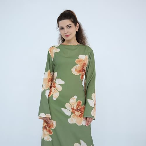 FYMNSI Womens Muslim Dresses Bell Sleeve Floral Butterfly Abaya Modest Dubai Kaftan Islamic Dress Eid Ramadan Prayer Clothes - color: Green, size: Medium