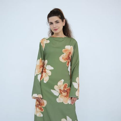 FYMNSI Womens Muslim Dresses Bell Sleeve Floral Butterfly Abaya Modest Dubai Kaftan Islamic Dress Eid Ramadan Prayer Clothes - color: Green, size: Large