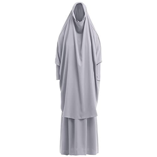 Prayer Clothes for Muslim Women Islamic Abaya Suit Maxi Skirt + Khimar Hijab 2pcss Burka Jilbab Kaftan - color: Grey
