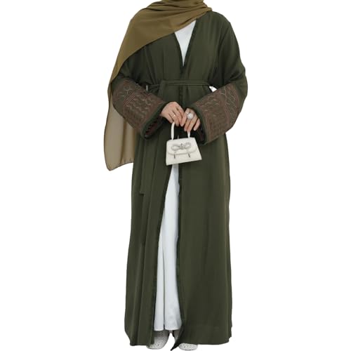 Muslim Dresses for Women Ramadan Kimono Long Sleeve Embroidered Islamic Cardigan Prayer Dress Abaya Kaftan with Belt - color: Green, size: Small