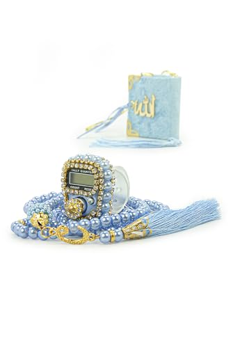 ihvan online Mini Velvet Quran Set with Islamic Finger Counter, Portable Digital Tasbeeh, Muslim Prayer Beads, Pearl Zikirmatic Beads, 3 Pieces Gift Set for Mevlüt (Blue) - color: Blue
