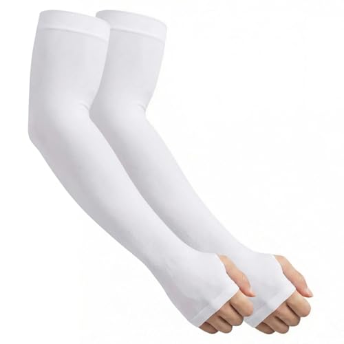 Cooling Arm Sleeves with Thumb Hole for Men & Women, UV Sun Protection Compression Sleeves for Outdoor - color: White