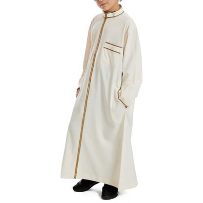 Muslim Abaya Islamic Thobe for Boys Long Sleeve Solid Festive Clothes Teen Kids Cozy Ramadan Prayer Thobe with Pocket - color: Beige, size: 13-14 Years