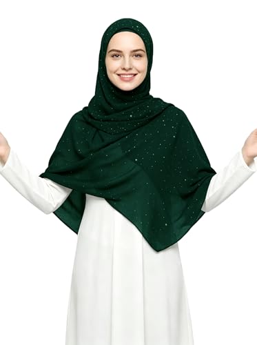 Lina & Lily Sparkle Shimmer Gold Glitter Women's Chiffon Hijab Head Scarf Shawl Wrap Lightweight - color: Jungle Green