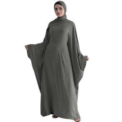 ODIZLI Abayas For Women Muslim Dubai Full Cover Kaftan Shirt Dress Batwing Sleeve Prayer Dress With Hijab - color: Dark Gray + Hijab, size: Two