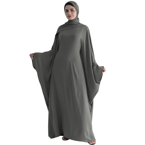 ODIZLI Abayas For Women Muslim Dubai Full Cover Kaftan Shirt Dress Batwing Sleeve Prayer Dress With Hijab - color: Dark Gray + Hijab, size: One Size