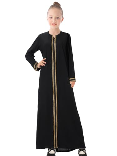 WSPLYSPJY Kids Girls Gold Embroidered Muslim Dress Abaya Long Sleeve Eid Robe Prayer Clothes - color: Black, size: 13-14 Years