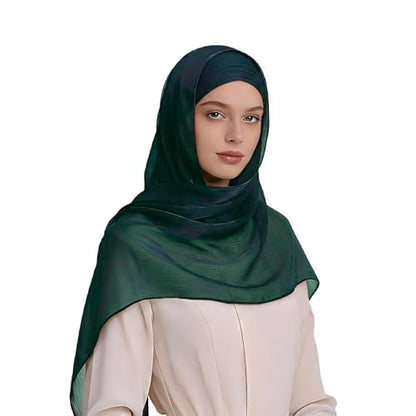 Organza Sheen Shimmer Crepe Hijab Scarf for Women Lightweight Sheer Shawl Wrap for Wedding and Evening Dresses - color: Dark Green