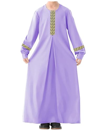 WSPLYSPJY Long Sleeve Abaya for Girls Muslim Islamic Dresses Kids Printed Maxi Prayer Clothes Robe - color: Light Purple, size: 13-14 Years