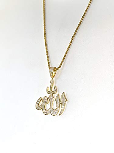 God Allah Men Women 925 Italy Gold Finish Iced Silver Charm Ice Out Pendant Stainless Steel Real 2 mm Rope Chain Necklace, Mans Jewelry, Iced Pendant, Rope Necklace 16"- 24" - style: 16" Chain + Pendant
