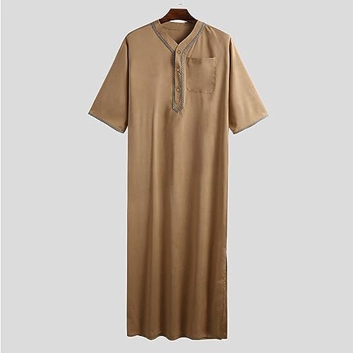 Ctreela Men's Half Sleeve Thobe Muslim Kaftan Dubai Long Gown Saudi Arab Thobe Ramadan Islamic Robes for Casual Summer Beach - color: Khaki, size: Small