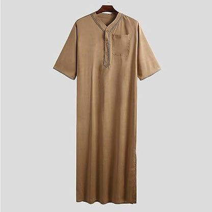 Ctreela Men's Half Sleeve Thobe Muslim Kaftan Dubai Long Gown Saudi Arab Thobe Ramadan Islamic Robes for Casual Summer Beach - color: Khaki, size: Small