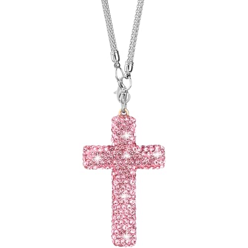 Crystal Cross Car Rear View Mirror Charm, Bling Rhinestone Car Hanging Accessories, Automotive Interior Decoration Vehicle Rear View Mirror Pendant Ornament - Pink, 1pcs - color: Pink, 1pcs