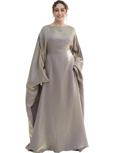 Dubai Bat Sleeve Dress Shiny Robe for Women Muslim 1pc Abaya Eid Prayer Clothes Soft Dubai Travel Party Dress Maxi Abaya - color: Coffee Pinka, size: Large
