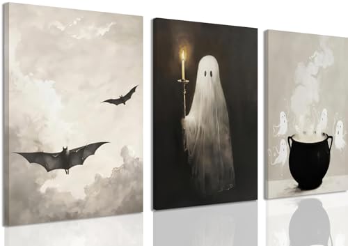 DAXINGJ Vintage Halloween Wall Art Set of 3, Ghost Framed Canvas Prints | 12x16 Inch Ready-to-Hang Artwork with Bats, Candle and Cauldron Designs on Fade-Resistant Wall Decor - color: White Ghost canvas, size: 16"L x 12"W