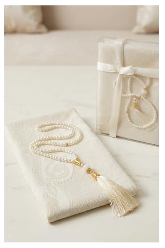 Premium Islamic Prayer Mat Set - Perfect Ramadan Gift for Men & Women - Elegant Tasbih & Luxury Pouch - Portable Sajadah Janamaz Set for Eid, Umrah & Daily Namaz (Beige SJ2) - color: White Sj2