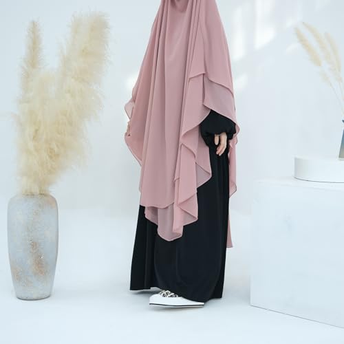 SYANKANGXIAO Ramadan Eid Khimar Abaya Turkey Islam Muslim Chiffon 2 Layers Long Hijab Dress Prayer for Women Full Cover Robe - color: Pink