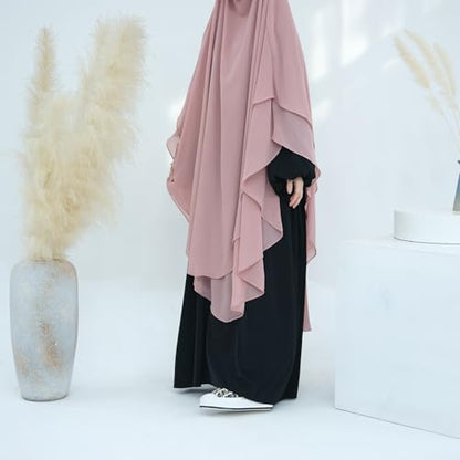 SYANKANGXIAO Ramadan Eid Khimar Abaya Turkey Islam Muslim Chiffon 2 Layers Long Hijab Dress Prayer for Women Full Cover Robe - color: Pink