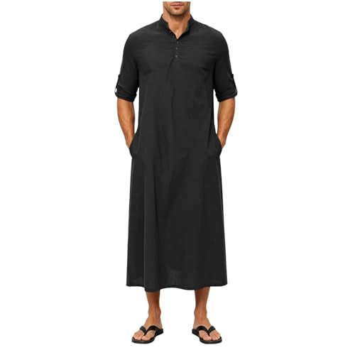 Men's Linen Kaftan Robe Button Down Long Sleeve Henley Collar Cotton Thobe Casual Loose Fit Stylish Gown Shirts - color: Black, size: Medium
