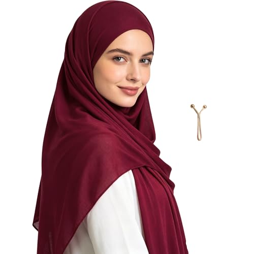 Jersey Hijab Scarf for Women,Lightweight Muslim Turban Head Scarf Modal Feel Hijab Coverings for Prayer with Clip - color: Dark Red