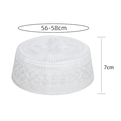 Ibluelover Men Muslim Prayer Kufi Hat Breathable Embroidery Kofia Topi Sunhat Islam Kufi Headware Praying Beanie - color: White