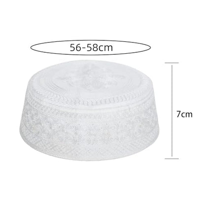 Ibluelover Men Muslim Prayer Kufi Hat Breathable Embroidery Kofia Topi Sunhat Islam Kufi Headware Praying Beanie - color: White
