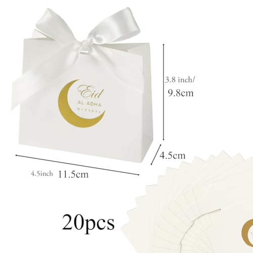 20 Pack Eid Party Favor Box, Eid Moon Candy Box, Ramadan Mubarak Party Goodie Box, DIY Eid Treat Paper Box with Ribbon Bow, Islam Muslim Wedding Festival Candy Box, Chocolate Cookie Souvenir Boxes for Eid Party Supplies Gold Castle Goodie Present Bag - co