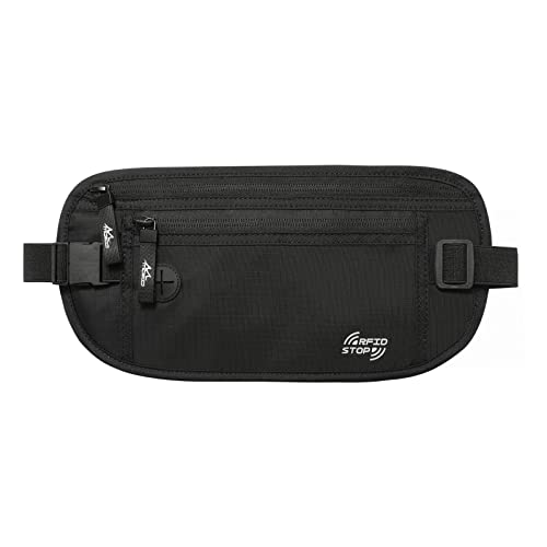 MoKo Travel Money Belt, Hidden RFID Blocking Passport Wallet, Black | Slim money belt has three pockets, breathable backing, water-resistant nylon, and an adjustable 28-50 in waist strap - color: Black, size: Waist for 28"-50"