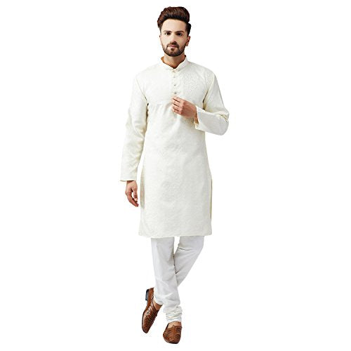 Sojanya (Since 1958 Men'S Teal Silk Blend Kurta Churidar Pyjama Set - color: Cream and Off White, size: XX-Large